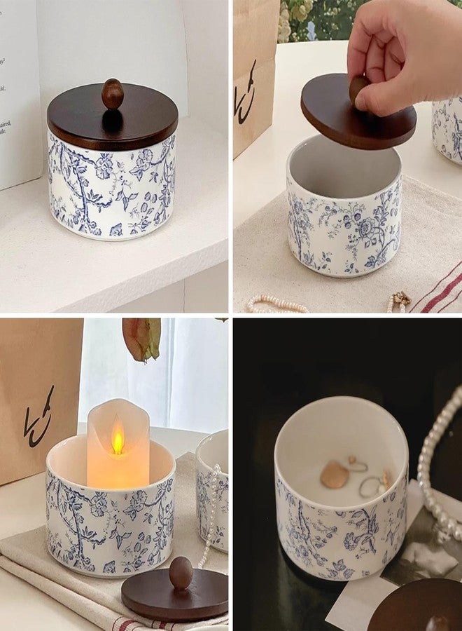 EHERDM Ceramic Jewelry Box with Wood Lid Blue White Jewelry Case Ring Holder Trinket Vintage Floral Porcelain Round Jewelry Box Trinket for Rings Earrings Necklace Bracelet Keys (Small) - Image 3